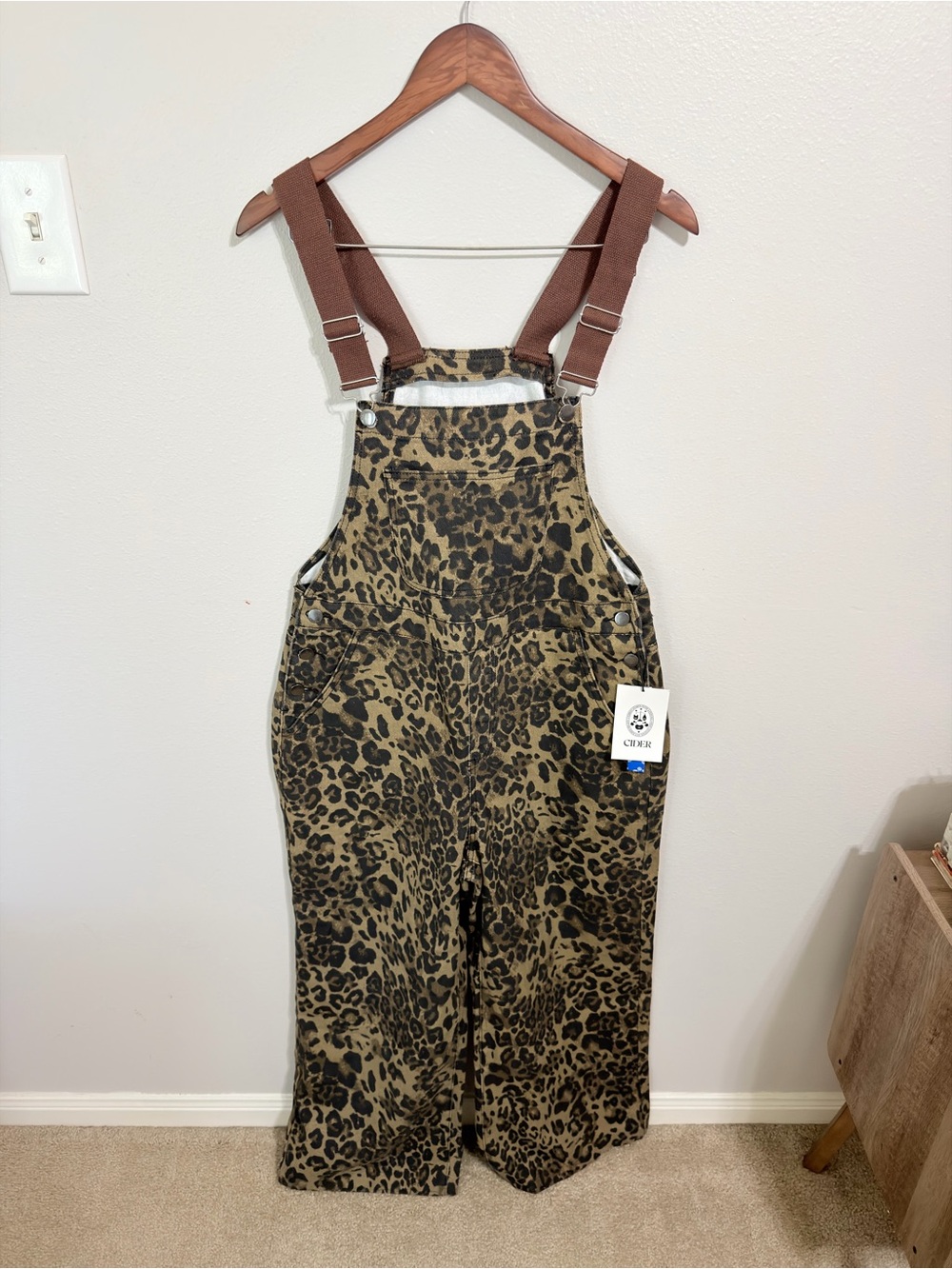 NWT Cider Leopard Print Wide Leg Denim Overalls